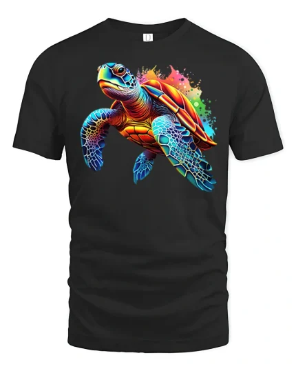 Colorful Sea Turtle Splash Art Graphic T Shirt Ocean Style Tee - black t-shirt on white background