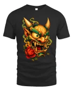 Japanese Oni Demon Mask Graphic T Shirt Fierce Art Style Tee - black t-shirt on white background