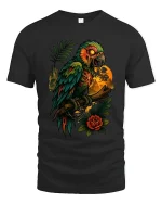 Dark Parrot Skull Art Graphic T Shirt Gothic Jungle Style Tee - black t-shirt on white background