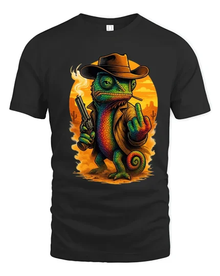 Funny Cowboy Lizard with Gun Graphic T Shirt Wild West Tee - black t-shirt on white background