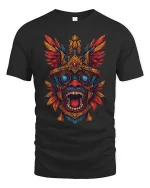 Aztec Tribal Mask Graphic T Shirt Fierce Colorful Art Tee - black t-shirt on white background