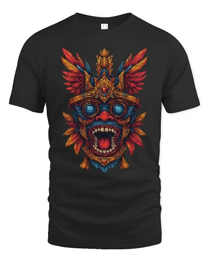 Aztec Tribal Mask Graphic T Shirt Fierce Colorful Art Tee - black t-shirt on white background