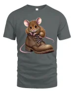 Cute Mouse in Boot Graphic T Shirt Funny Cozy Animal Art Tee - gray t-shirt on white background
