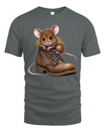 Cute Mouse in Boot Graphic T Shirt Funny Cozy Animal Art Tee - gray t-shirt on white background