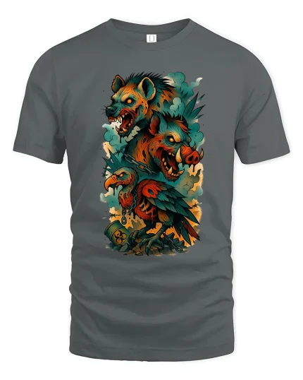 Fierce Hyena Boar Vulture Graphic T Shirt Dark Fantasy Tee - gray t-shirt on white background