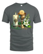 Holy Communion Symbols Graphic T Shirt Faith Inspired Art Tee - gray t-shirt on white background