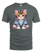 Cute Kitten in Striped Shirt Graphic T Shirt Adorable Tee - gray t-shirt on white background