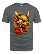 Japanese Oni Demon Mask Graphic T Shirt Fierce Art Style Tee - gray t-shirt on white background