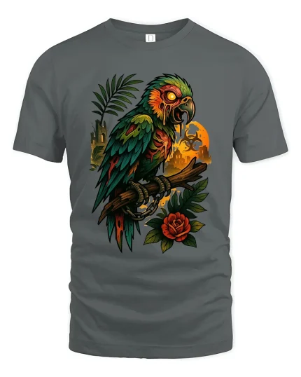Dark Parrot Skull Art Graphic T Shirt Gothic Jungle Style Tee - gray t-shirt on white background