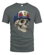 Cool Skull with Cigar Graphic T Shirt Street Art Style Tee - gray t-shirt on white background