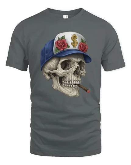 Cool Skull with Cigar Graphic T Shirt Street Art Style Tee - gray t-shirt on white background