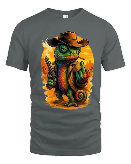 Funny Cowboy Lizard with Gun Graphic T Shirt Wild West Tee - gray t-shirt on white background