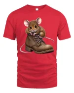 Cute Mouse in Boot Graphic T Shirt Funny Cozy Animal Art Tee - red t-shirt on white background