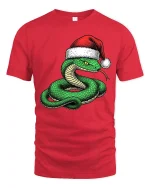 Funny Christmas Snake Wearing Santa Hat Graphic T Shirt Tee - red t-shirt on white background