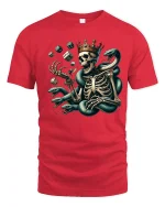 Skeleton King with Serpent Dice Graphic T Shirt Dark Art Tee - red t-shirt on white background