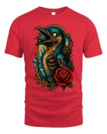 Gothic Raven with Rose Graphic T Shirt Dark Fantasy Art Tee - red t-shirt on white background