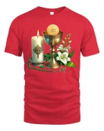 Holy Communion Symbols Graphic T Shirt Faith Inspired Art Tee - red t-shirt on white background
