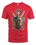 Medieval Knight Shield Emblem Graphic T Shirt Warrior Art Tee - red t-shirt on white background