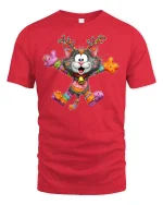Funny Colorful Christmas Cat Reindeer Graphic T Shirt Cute Tee - red t-shirt on white background