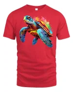 Colorful Sea Turtle Splash Art Graphic T Shirt Ocean Style Tee - red t-shirt on white background