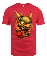Japanese Oni Demon Mask Graphic T Shirt Fierce Art Style Tee - red t-shirt on white background
