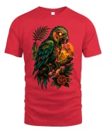 Dark Parrot Skull Art Graphic T Shirt Gothic Jungle Style Tee - red t-shirt on white background