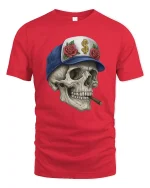 Cool Skull with Cigar Graphic T Shirt Street Art Style Tee - red t-shirt on white background