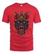 Aztec Tribal Mask Graphic T Shirt Fierce Colorful Art Tee - red t-shirt on white background