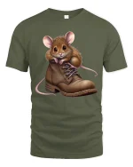 Cute Mouse in Boot Graphic T Shirt Funny Cozy Animal Art Tee - military green t-shirt on white background