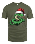 Funny Christmas Snake Wearing Santa Hat Graphic T Shirt Tee - military green t-shirt on white background