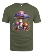 Magical Mushroom Garden Graphic T Shirt Whimsical Nature Tee - military green t-shirt on white background