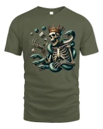 Skeleton King with Serpent Dice Graphic T Shirt Dark Art Tee - military green t-shirt on white background