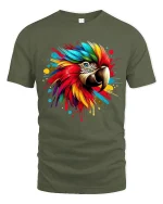 Colorful Macaw Parrot Splash Art Graphic T Shirt Bold Tee - military green t-shirt on white background