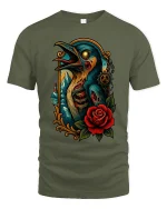 Gothic Raven with Rose Graphic T Shirt Dark Fantasy Art Tee - military green t-shirt on white background