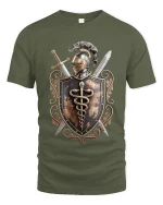 Medieval Knight Shield Emblem Graphic T Shirt Warrior Art Tee - military green t-shirt on white background