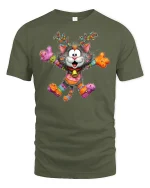 Funny Colorful Christmas Cat Reindeer Graphic T Shirt Cute Tee - military green t-shirt on white background