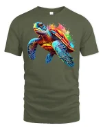 Colorful Sea Turtle Splash Art Graphic T Shirt Ocean Style Tee - military green t-shirt on white background