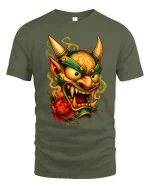 Japanese Oni Demon Mask Graphic T Shirt Fierce Art Style Tee - military green t-shirt on white background