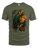Dark Parrot Skull Art Graphic T Shirt Gothic Jungle Style Tee - military green t-shirt on white background