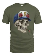 Cool Skull with Cigar Graphic T Shirt Street Art Style Tee - military green t-shirt on white background