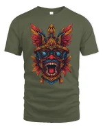 Aztec Tribal Mask Graphic T Shirt Fierce Colorful Art Tee - military green t-shirt on white background
