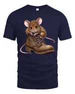 Cute Mouse in Boot Graphic T Shirt Funny Cozy Animal Art Tee - navy t-shirt on white background
