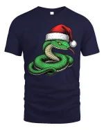 Funny Christmas Snake Wearing Santa Hat Graphic T Shirt Tee - navy t-shirt on white background
