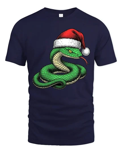 Funny Christmas Snake Wearing Santa Hat Graphic T Shirt Tee - navy t-shirt on white background