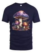 Magical Mushroom Garden Graphic T Shirt Whimsical Nature Tee - navy t-shirt on white background