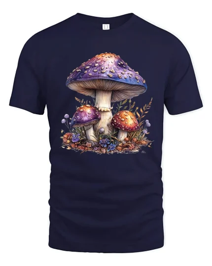Magical Mushroom Garden Graphic T Shirt Whimsical Nature Tee - navy t-shirt on white background