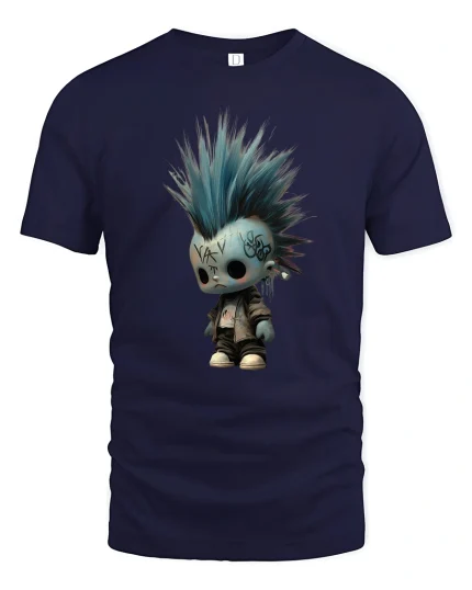 Cute Punk Doll with Blue Mohawk Graphic T Shirt Art Tee - navy t-shirt on white background