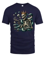 Skeleton King with Serpent Dice Graphic T Shirt Dark Art Tee - navy t-shirt on white background