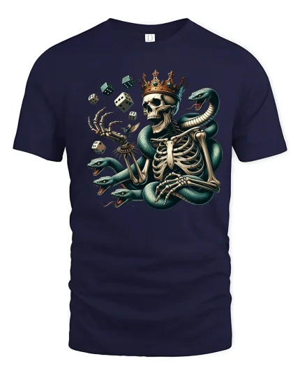 Skeleton King with Serpent Dice Graphic T Shirt Dark Art Tee - navy t-shirt on white background