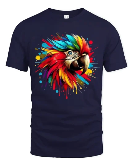 Colorful Macaw Parrot Splash Art Graphic T Shirt Bold Tee - navy t-shirt on white background